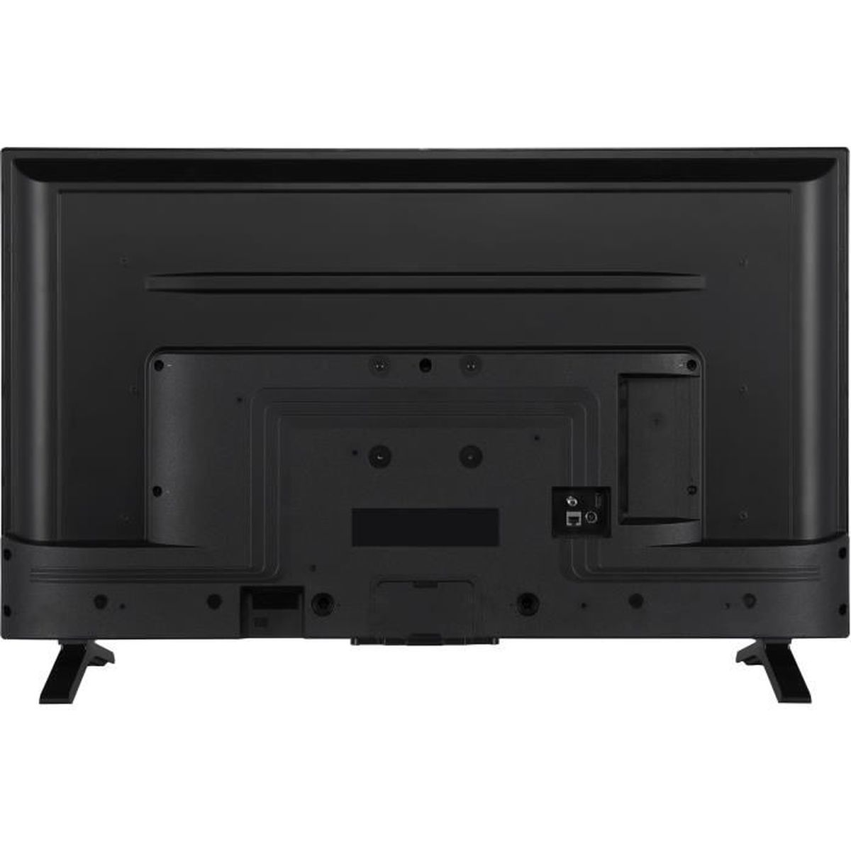 Tył czarnego telewizora z nogami. Posiada porty połączeniowe i mały panel.