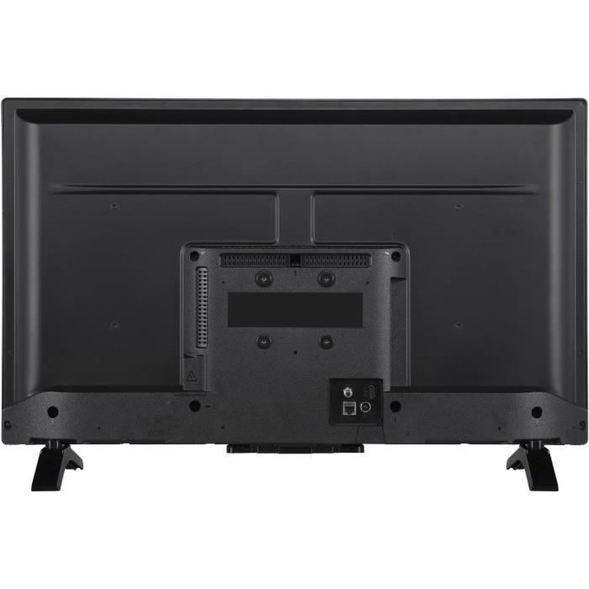 Tył czarnego telewizora ze złączami. Design jest prosty i funkcjonalny. Tył jest czarny.