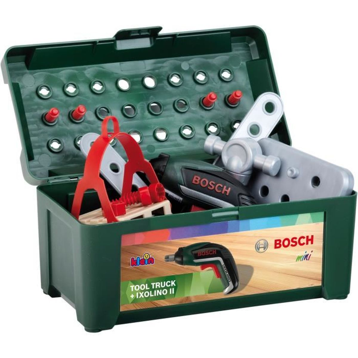 Grüner Werkzeugkasten mit Spielzeugwerkzeugen. Marke Bosch mini. Grüne und rote Farben.