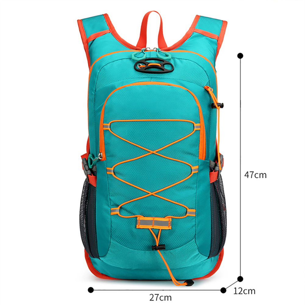 Türkis-oranger Rucksack, Vorderansicht, mit Maßangaben. Sichtbare Netztaschen und Riemen.