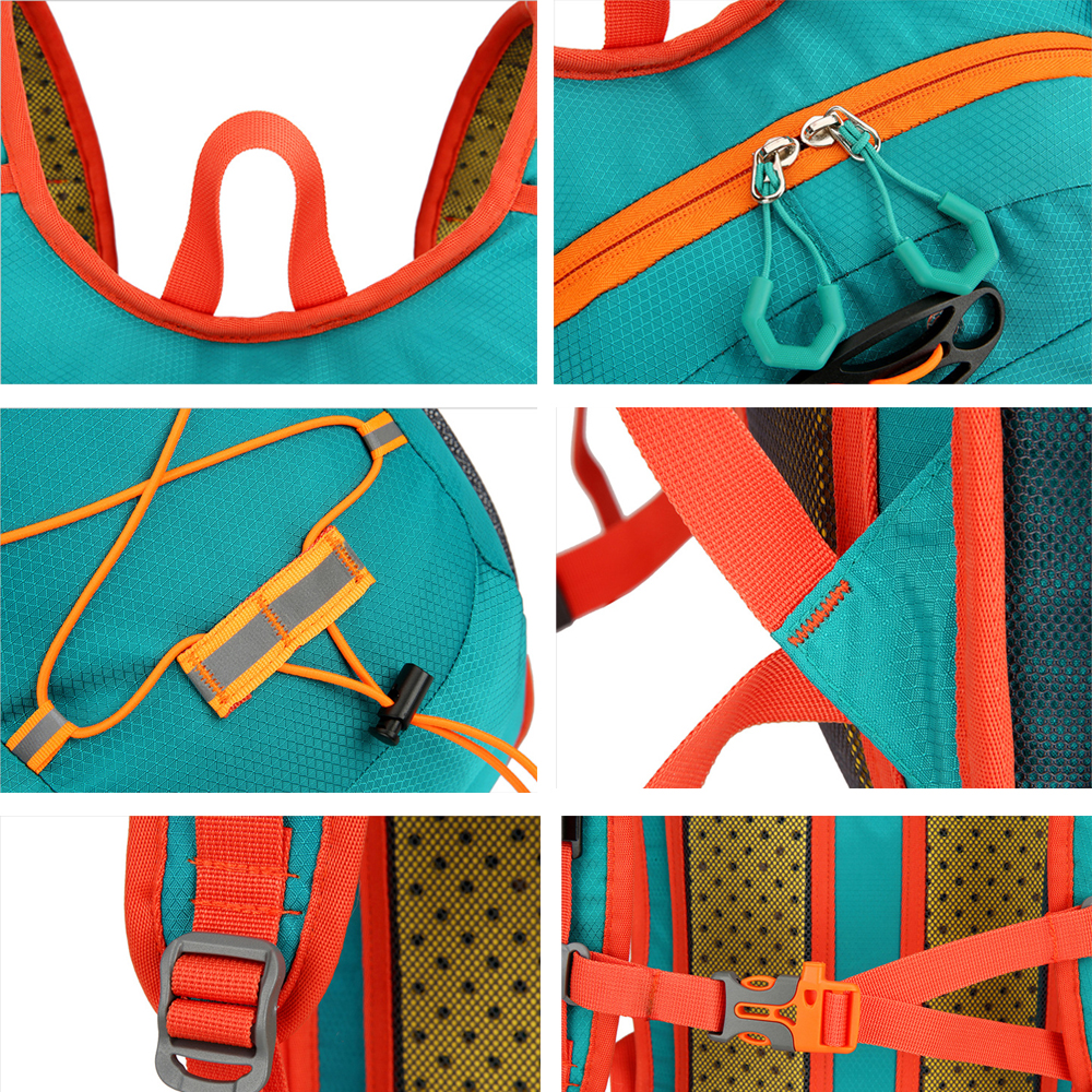 Nahaufnahmen eines türkisfarbenen Rucksacks mit orangefarbenen Akzenten. Details zu Reißverschlüssen, Trägern und Nähten.