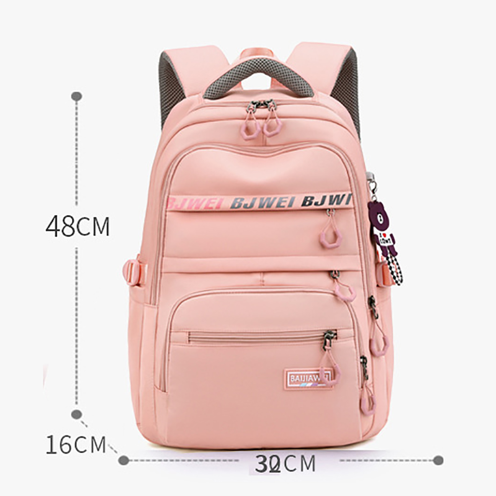 Rosa Rucksack mit verschiedenen Fächern, mit Maßen. Text auf der Vorderseite: BJWEI BJWEI BJWI, BAILIAI.
