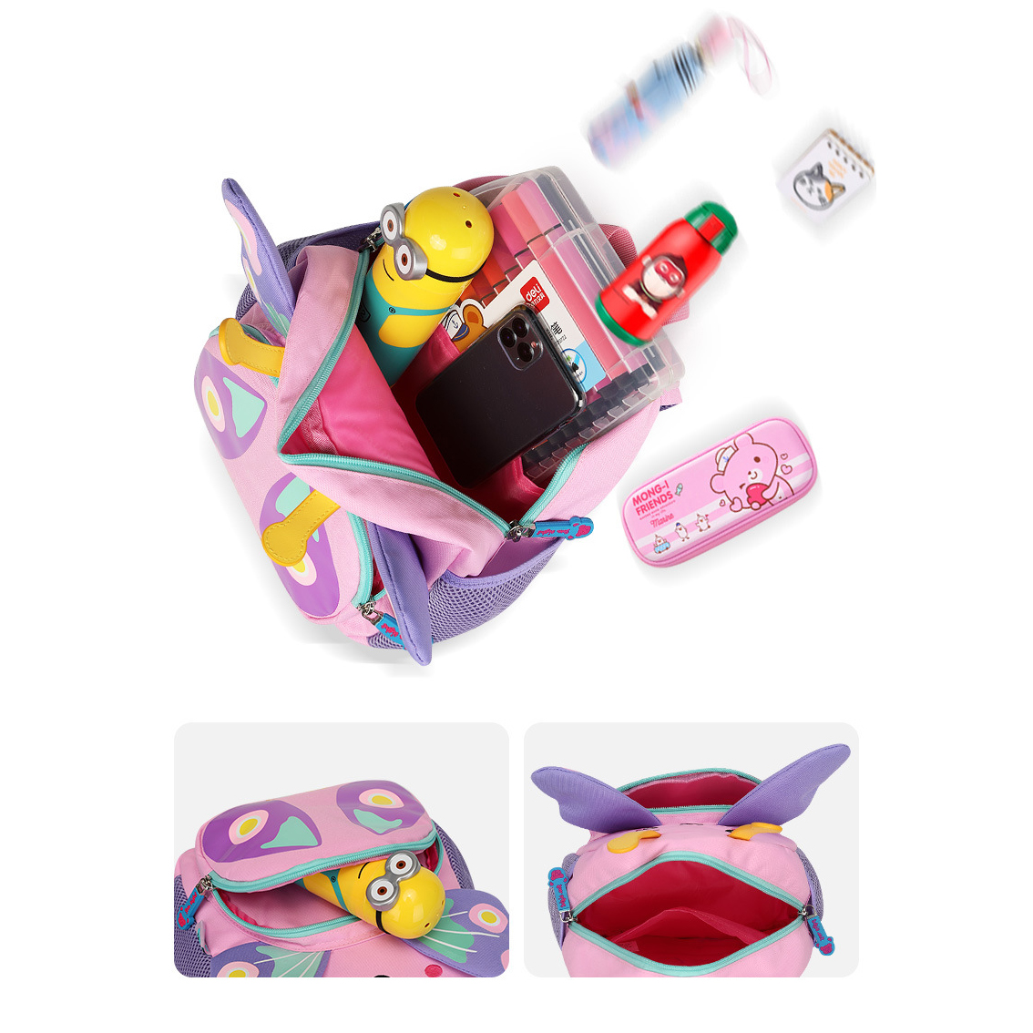 Ein offener Schmetterlingsrucksack in Pink und Lila, voll mit Spielzeug und Schulmaterial. Aufnahme von oben.