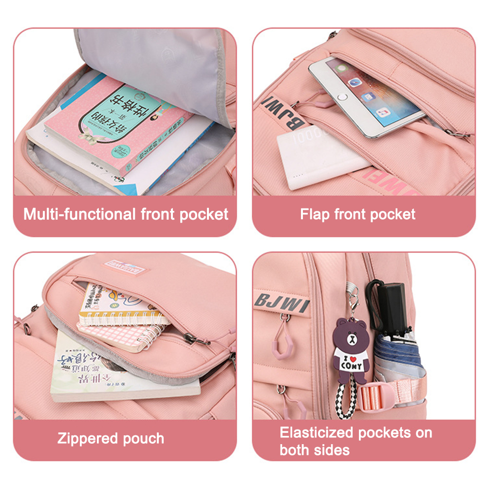 Mehrere Ansichten eines rosa Rucksacks mit verschiedenen Fächern und Textbeschriftungen. Weißer Hintergrund.
