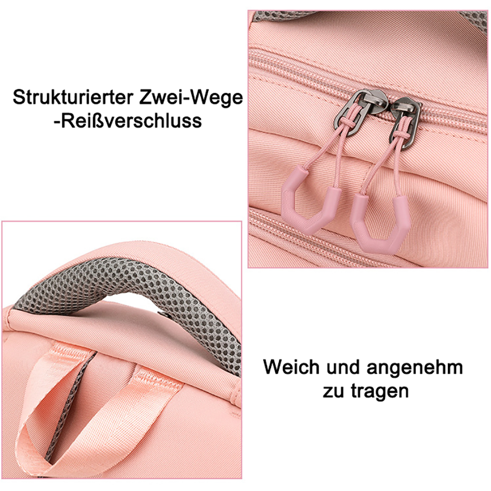 Nahaufnahme von Details eines rosa Rucksacks, einschließlich Reißverschluss und Griff, mit Text. Weißer Hintergrund.