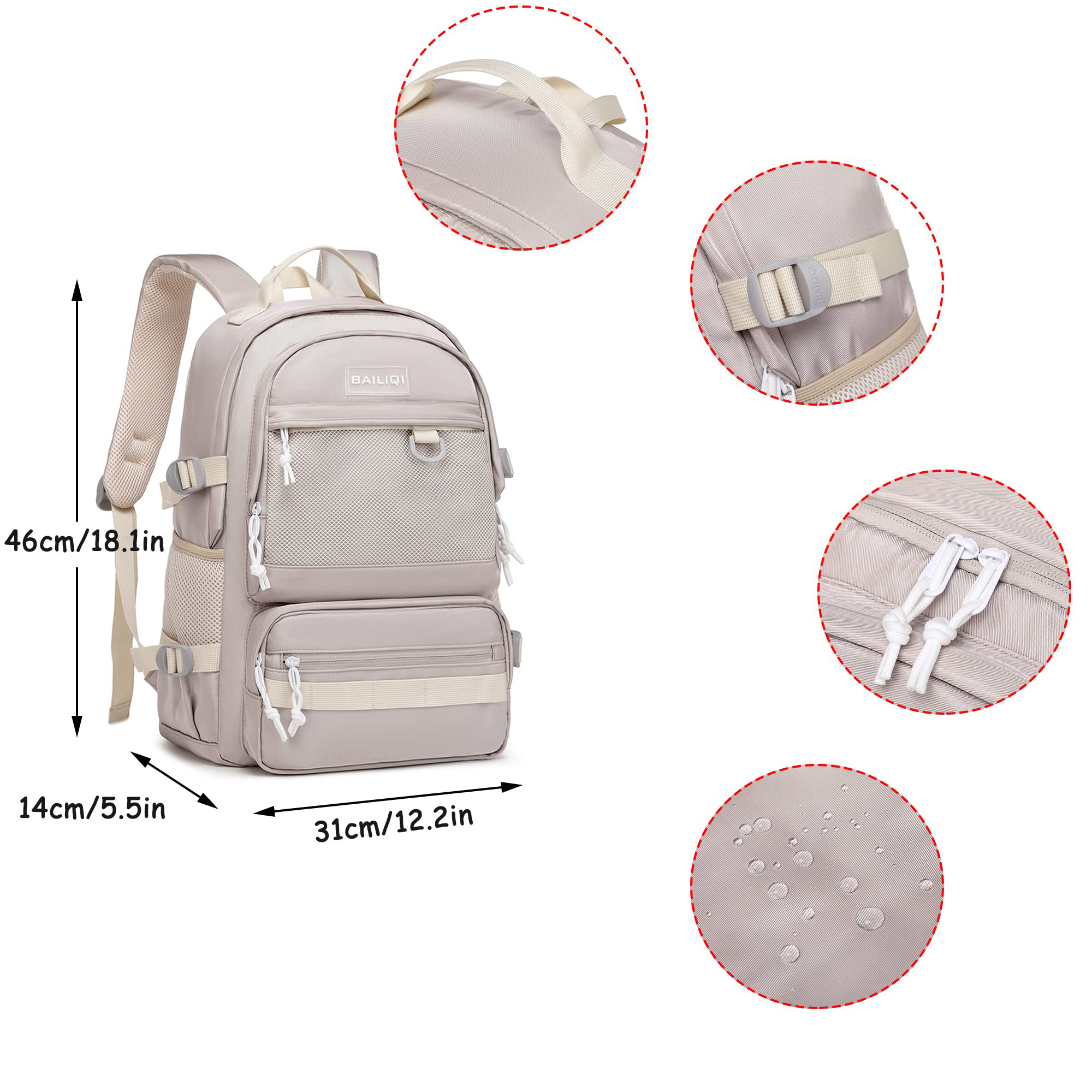 Ein beiger Rucksack mit mehreren Taschen und verstellbaren Trägern, begleitet von Maßangaben.