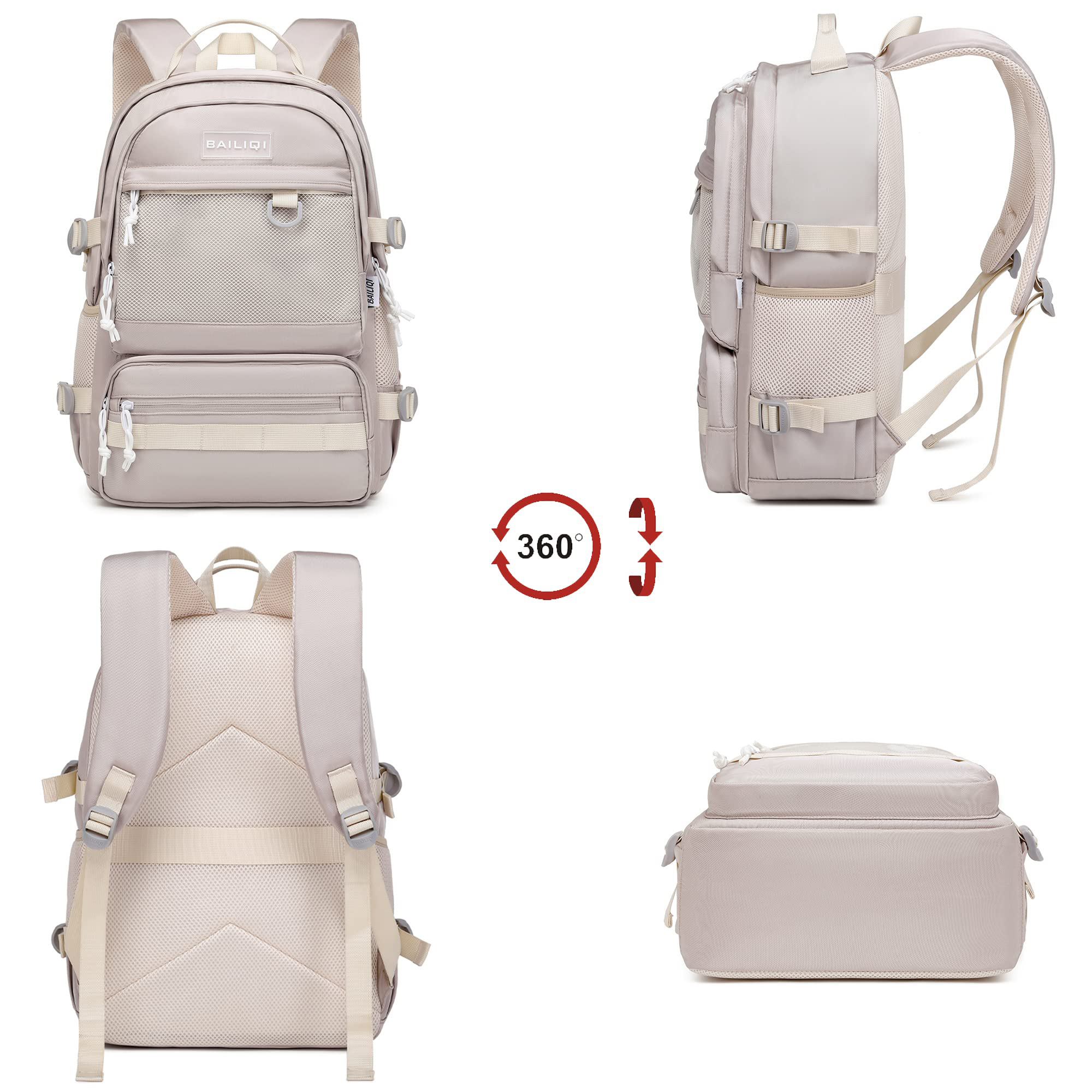 Ein beiger Rucksack, der aus verschiedenen Blickwinkeln gezeigt wird und seine Eigenschaften und Designdetails hervorhebt.