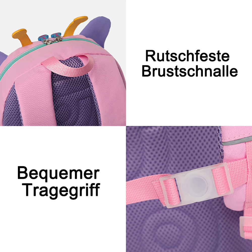 Nahaufnahme von Details eines rosa-lila Rucksacks: Gurte, Schnallen und Netzrücken sind sichtbar.
