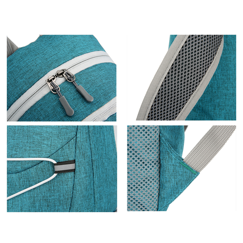 Nahaufnahmen von Details eines tealfarbenen Rucksacks: Reißverschlüsse, Mesh und verstärkte Nähte. Weiße und silberne Details sind sichtbar.