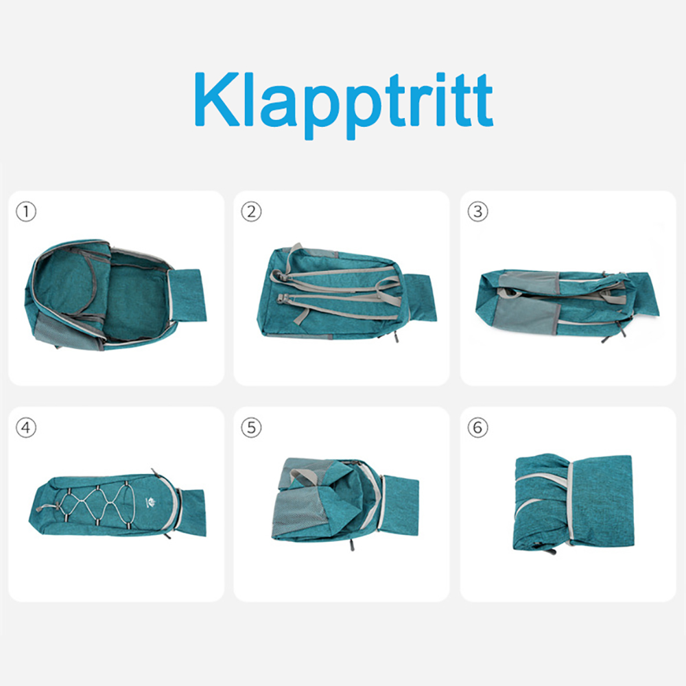 Eine Abfolge von sechs Bildern, die die Faltanweisungen für eine türkis-graue Tasche zeigen.