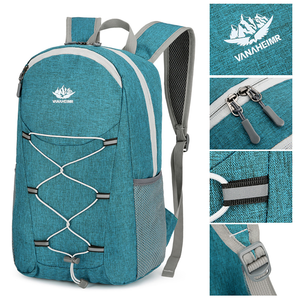 Ein türkisfarbener Rucksack mit weißen Akzenten, einem Berglogo und mehreren Detailaufnahmen.