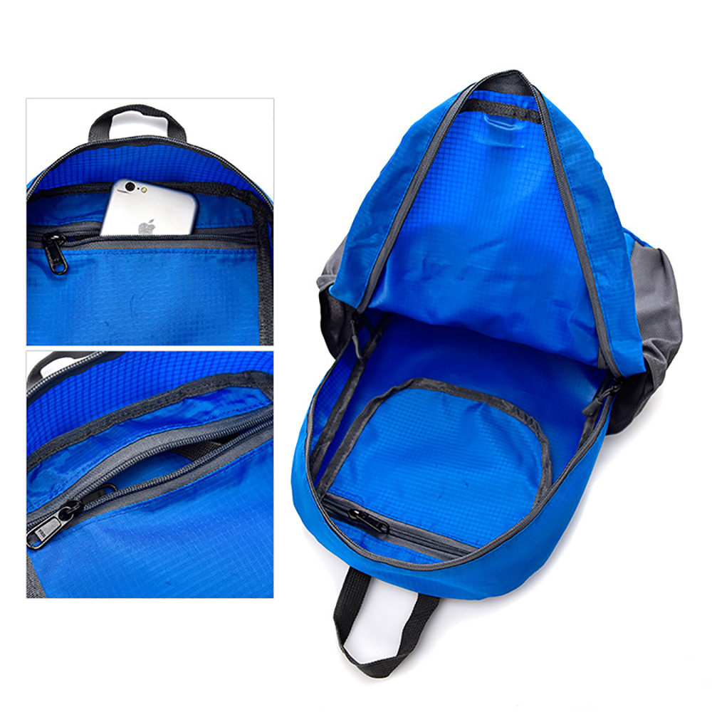 Ein offener blauer Rucksack mit einem Telefon in einer Tasche. Zusätzliche Ansichten zeigen das Innere und eine Reißverschlusstasche.