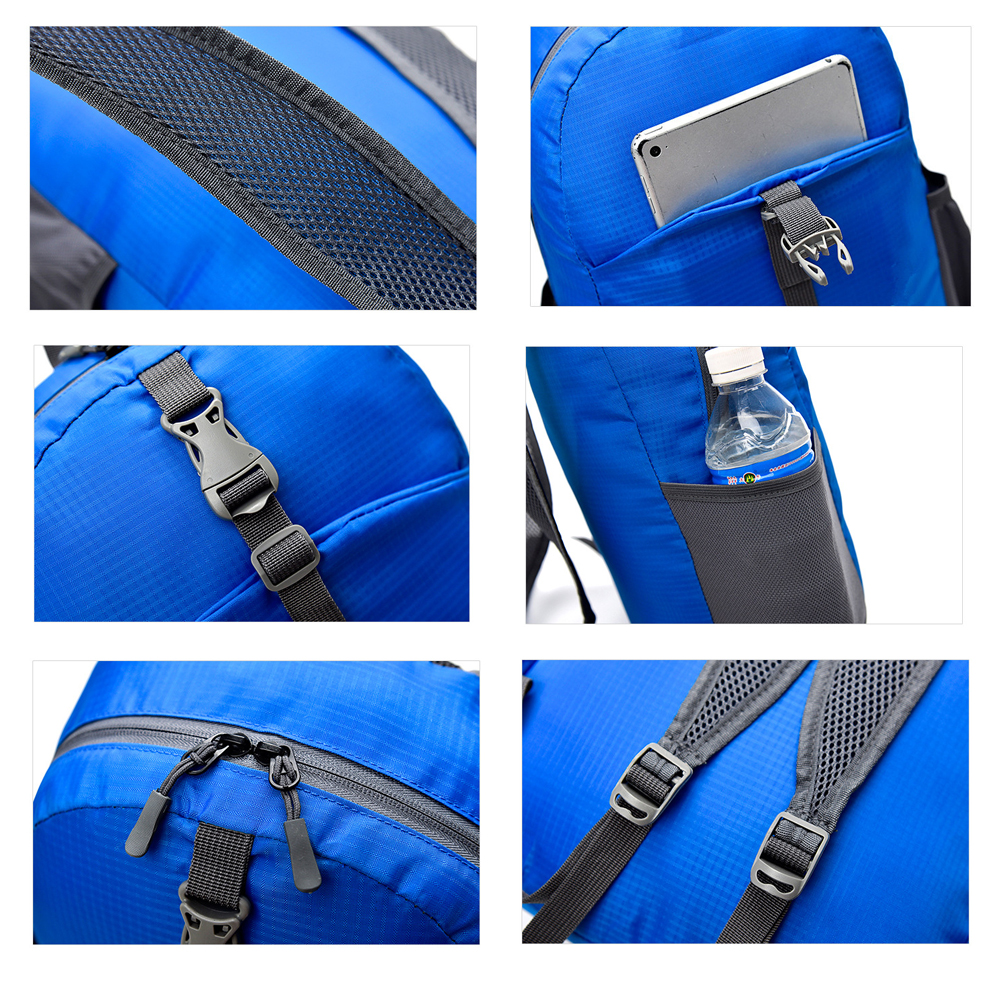 Nahaufnahmen eines blauen Rucksacks, die Mesh-Details, Tablett-Tasche, Schnalle, Flaschenhalter und Reißverschlussdetails zeigen.