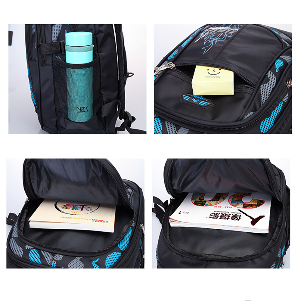 Rucksack mit verschiedenen Fächern. Enthält eine Wasserflasche, eine Box, ein Buch und ein Lehrbuch. Blaues Muster.
