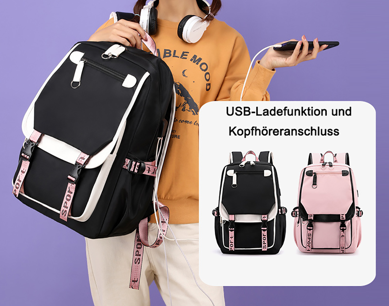 Eine Frau mit Rucksack, Kopfhörern und Telefon, mit deutschem Text über USB-Aufladung und Kopfhöreranschluss.