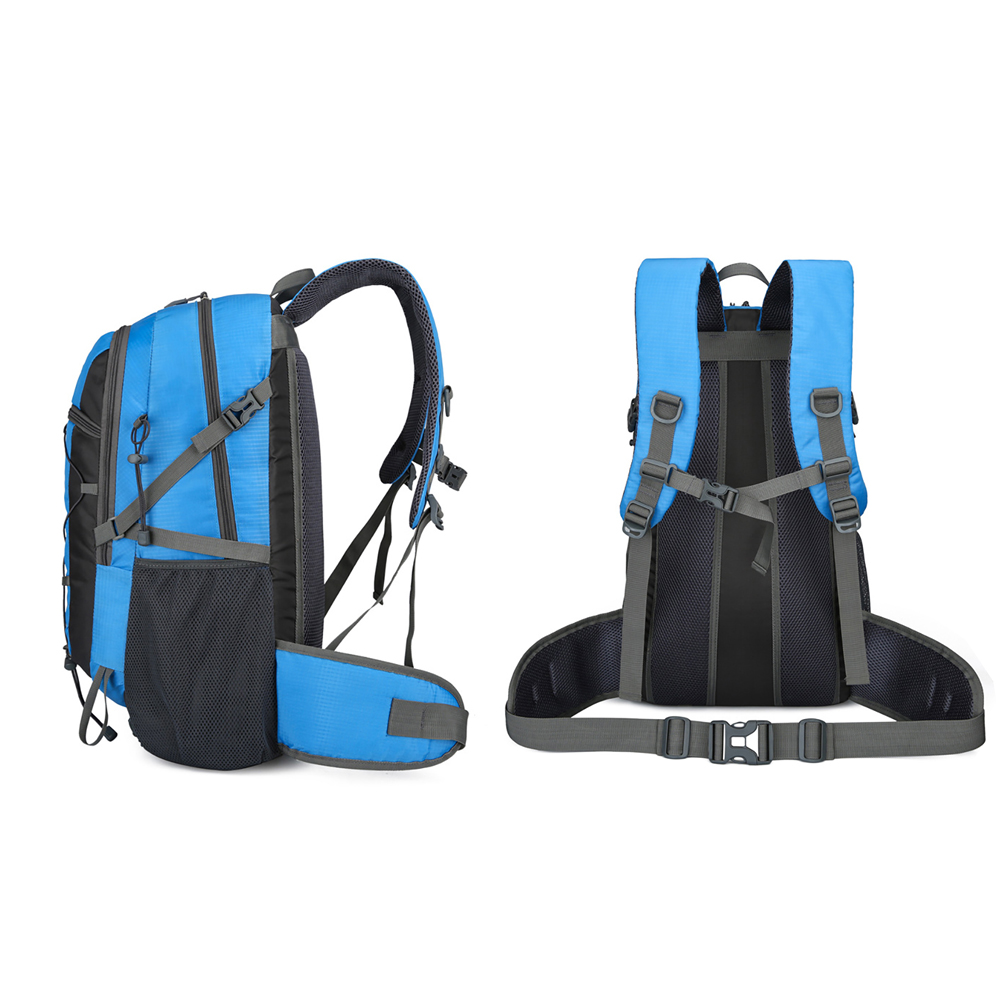 Ein blauer Rucksack mit mehreren Ansichten: Seite, Rücken. Er hat ein schwarz-graues Design mit einem schwarzen Mesh-Rücken.