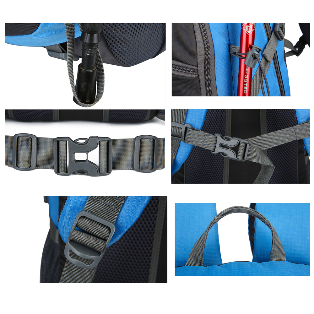 Nahaufnahmen eines blauen Rucksacks, die Gurtdetails, Schnalle und Mesh-Rücken zeigen. Zubehör ist befestigt.