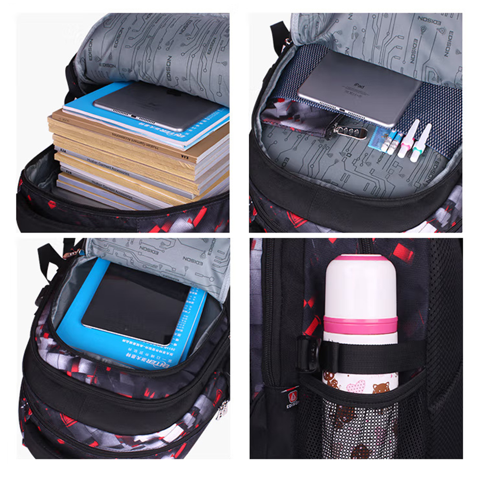Mehrere Ansichten eines Rucksacks mit Büchern, einem Tablet und Zubehör. Er hat eine Wasserflasche in der Seitentasche.