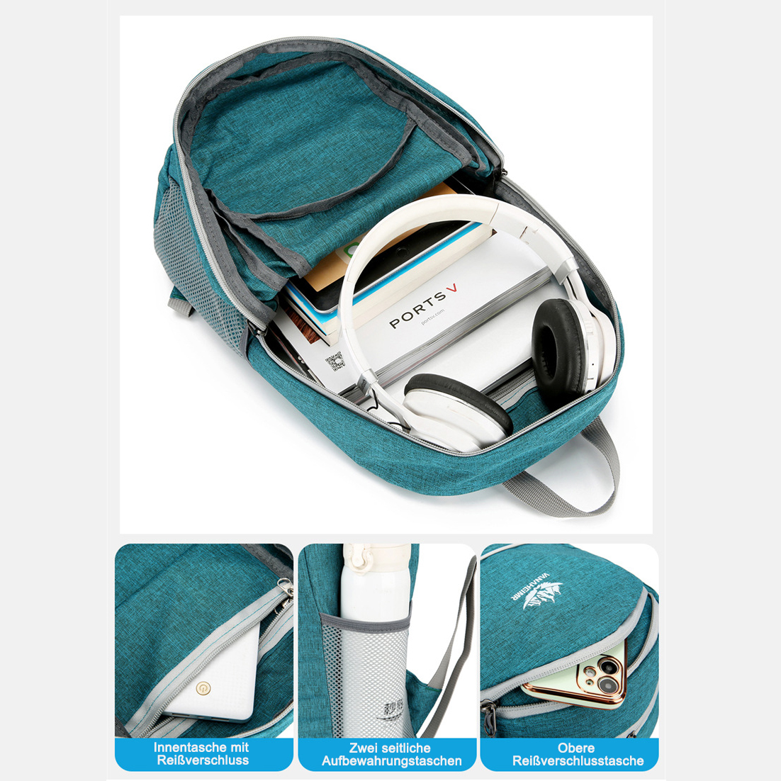 Offener tealfarbener Rucksack mit Gegenständen: Kopfhörer, Bücher und ein Telefon. Nahaufnahmen von Taschen.