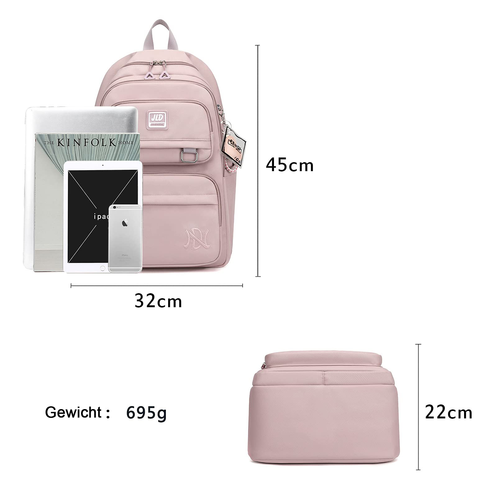 Rosa Rucksack mit Laptop, iPad und iPhone daneben, Maße gezeigt.