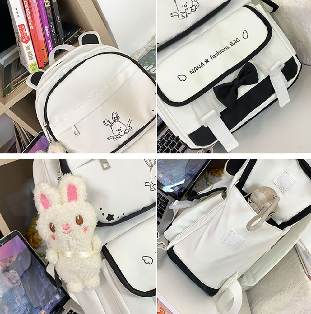 Vier Fotos eines weißen Rucksacks mit Hasenmuster. Eines zeigt das Innere der Tasche.