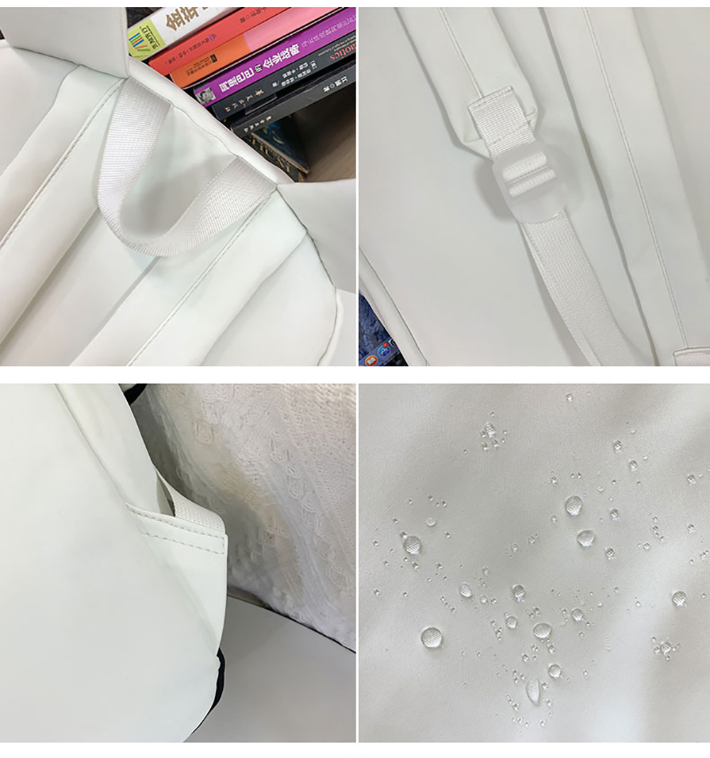 Nahaufnahmen eines weißen Rucksacks. Details von Riemen, Schnallen und Stoff werden gezeigt.