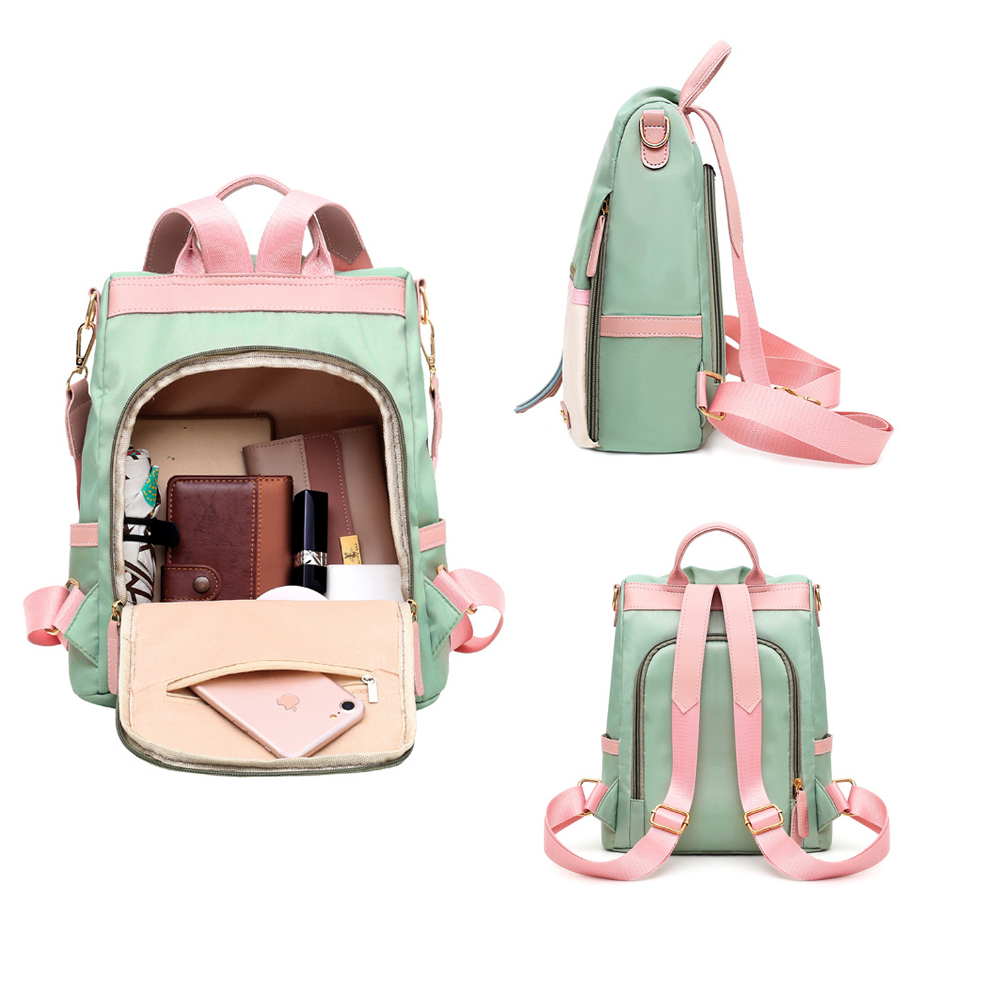 Minzgrüner Rucksack mit rosa Akzenten, geöffnet, um Gegenstände im Inneren zu zeigen. Drei Ansichten.