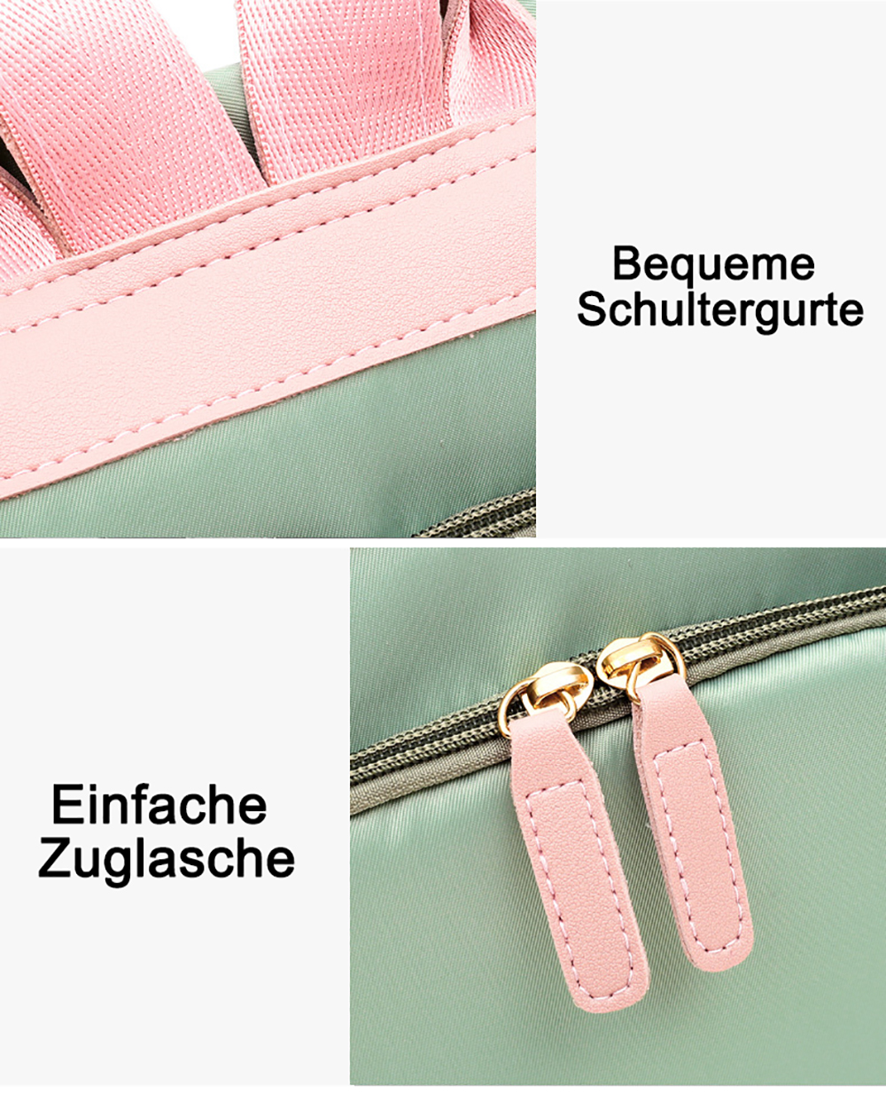 Nahaufnahme von rosa Trägern und grünem Material, mit Text über Schultergurte und Reißverschlüsse.