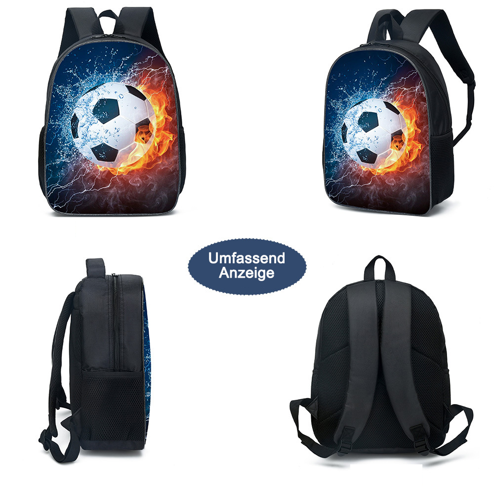 Fußballrucksack mit Feuer- und Wassereffekten. Vier Ansichten: vorne, hinten und Seiten. Schwarze Riemen.
