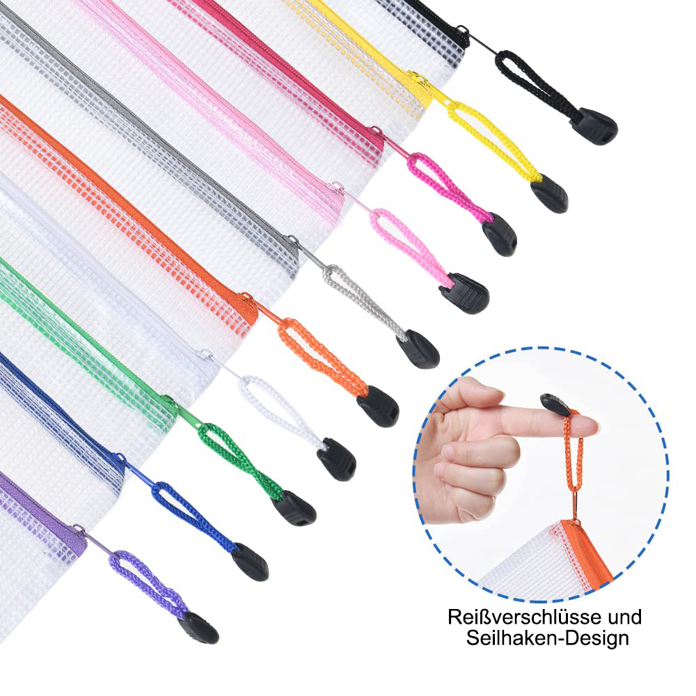 Mehrere Reißverschlusstaschen in verschiedenen Farben, mit einer Hand, die den Reißverschluss eines orangenen zieht.