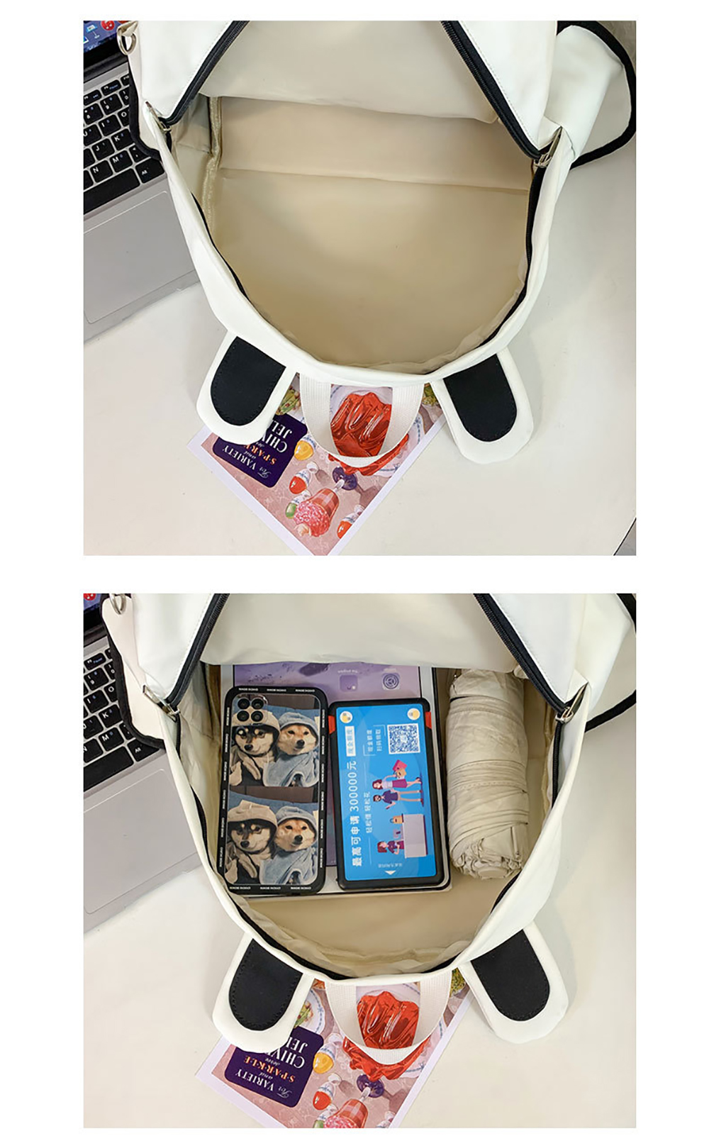 Im Inneren eines weißen Rucksacks. Es gibt Telefone, ein Tablet und einen Regenschirm.