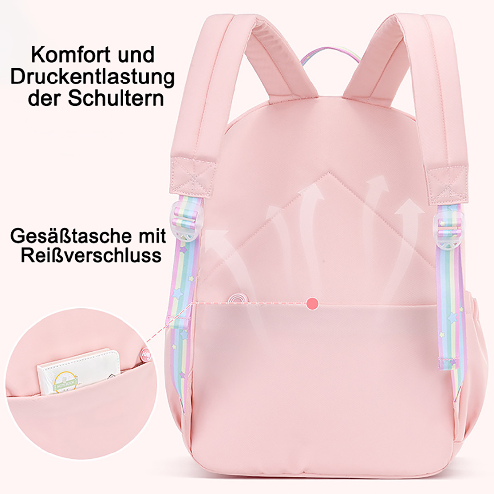 Rückendetail des rosa Rucksacks mit Komfortmerkmalen. Eine Tasche ist geöffnet, mit einer Karte drin.