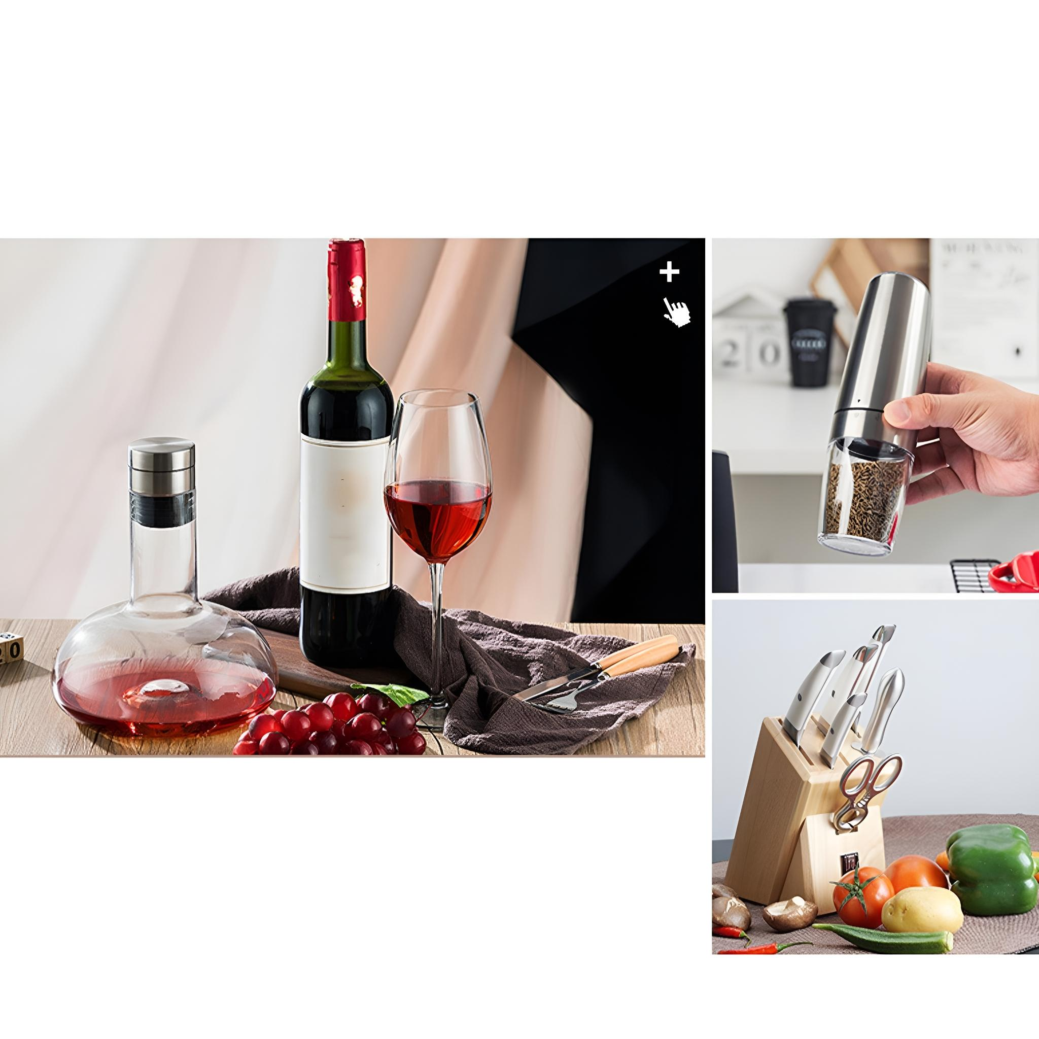 Weinflasche, Dekanter und Glas auf einem Tisch. Trauben und ein Messer sind vorhanden. Hand hält Pfeffermühle.