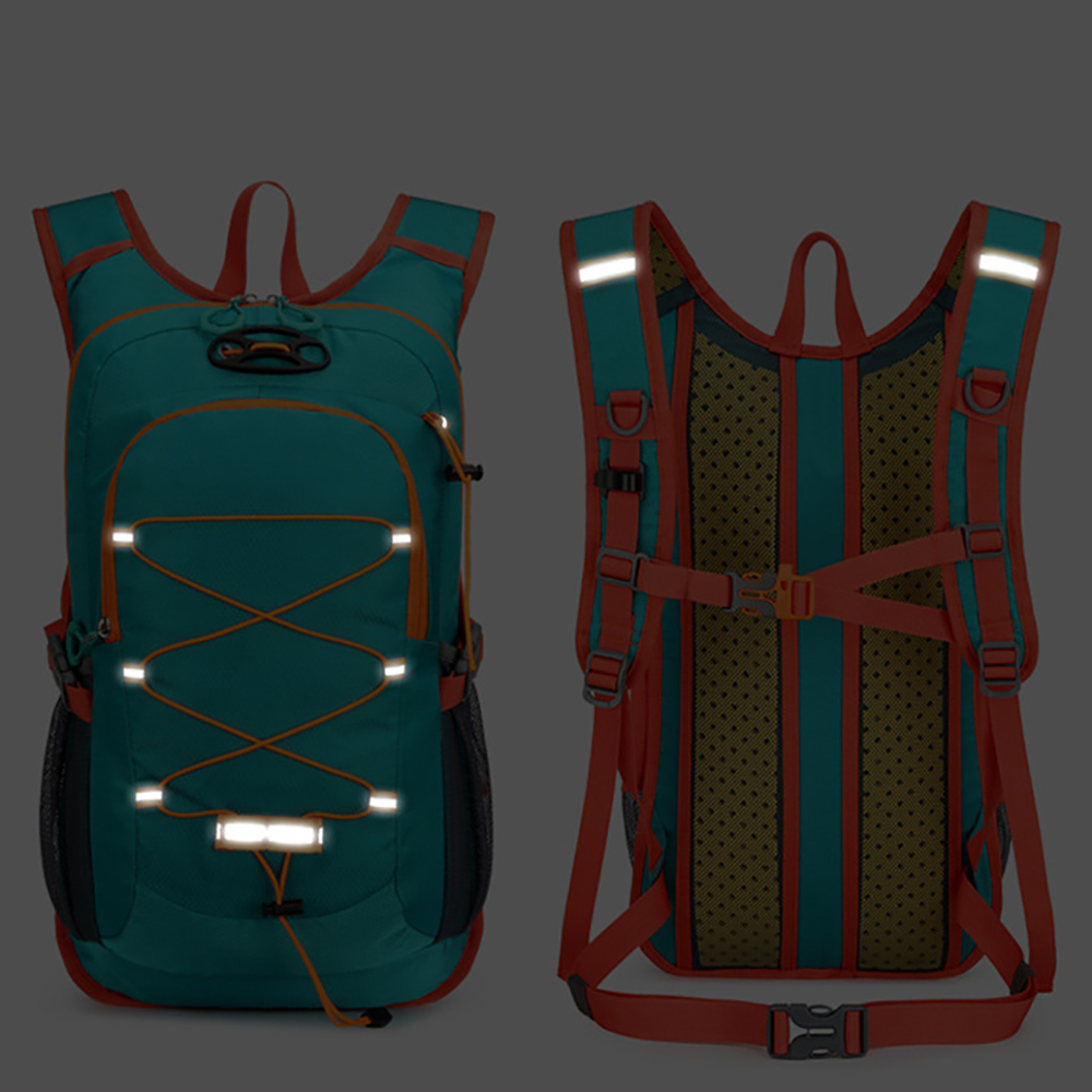 Grün-oranger Wanderrucksack, Vorder- und Rückansicht, mit reflektierenden Streifen und Riemen.
