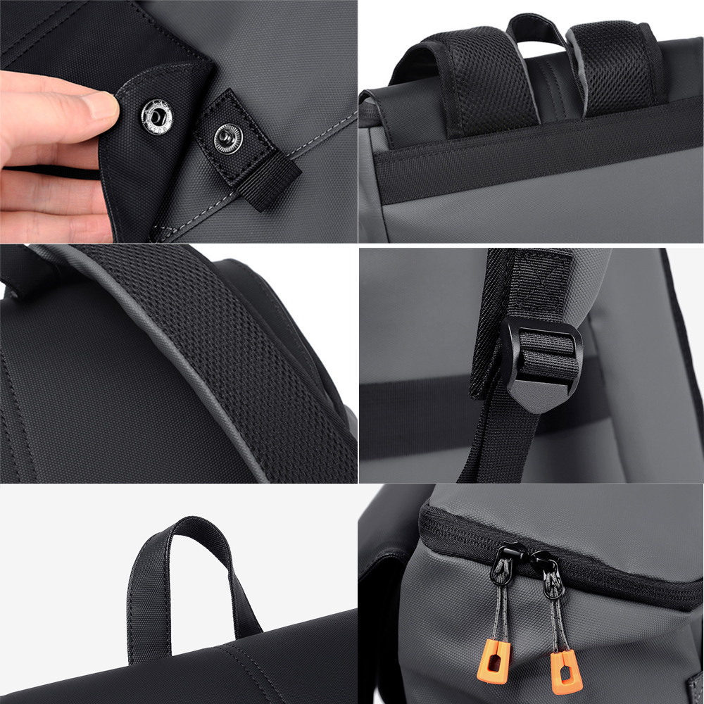 Nahaufnahmen von Details eines grauen Rucksacks: Druckknöpfe, Riemen und Reißverschlüsse mit orangefarbenen Zippern.