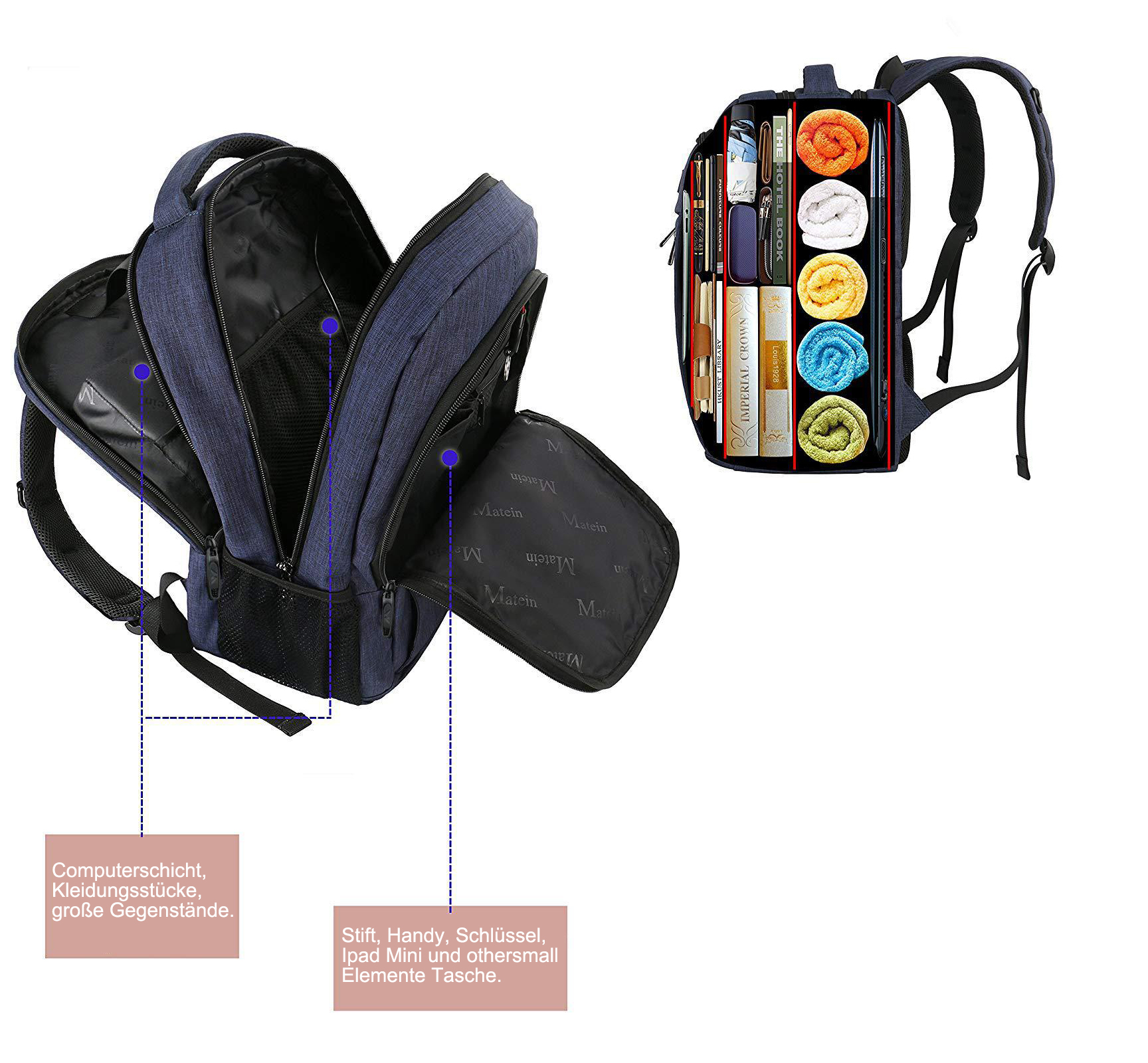 Blauer Rucksack mit offenen Fächern mit Büchern, Handtüchern und einer Tasche mit Stiften, Schlüsseln und einem Telefon.