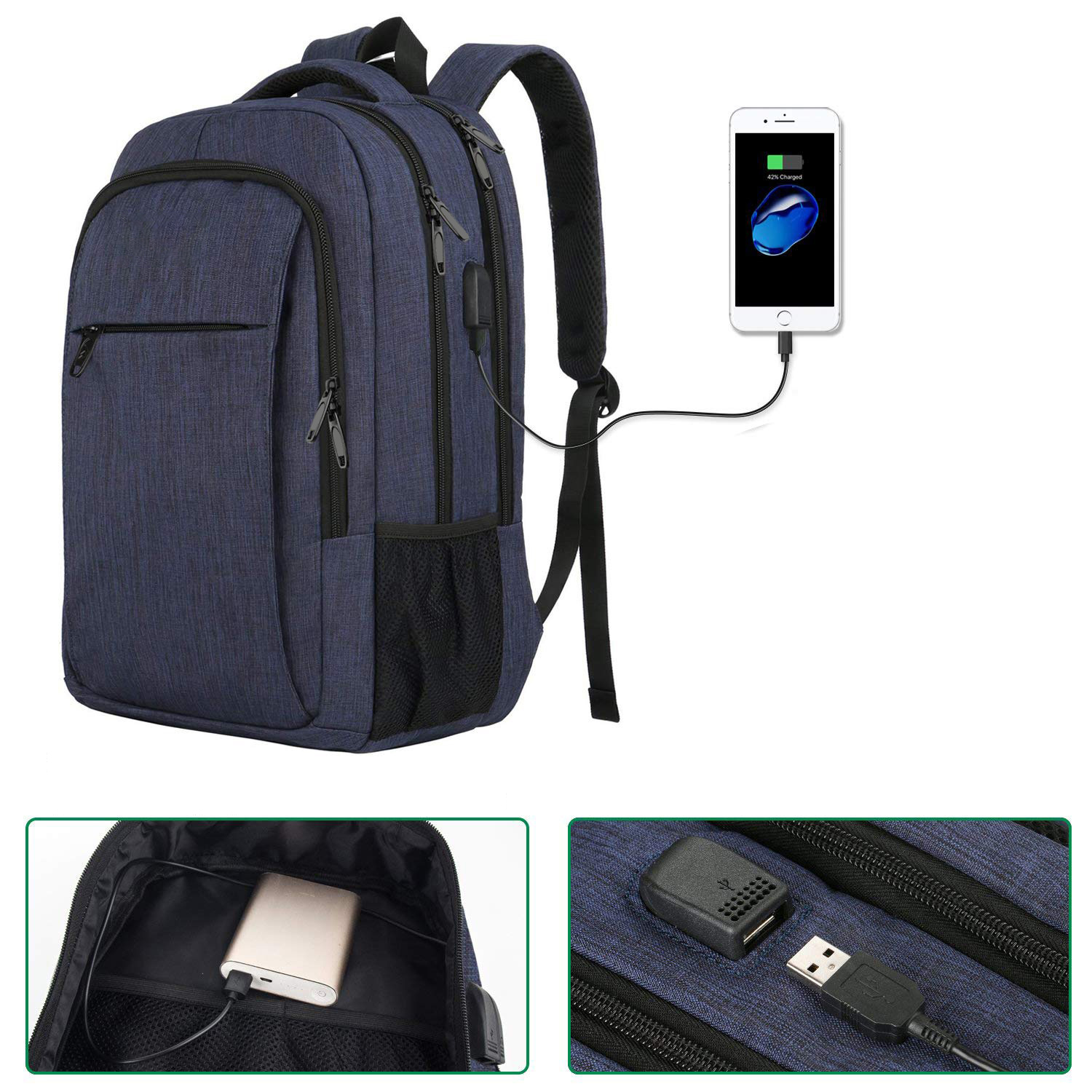 Ein marineblauer Rucksack mit angeschlossenem Telefon, mit Details zu Fächern und Ladeanschluss.