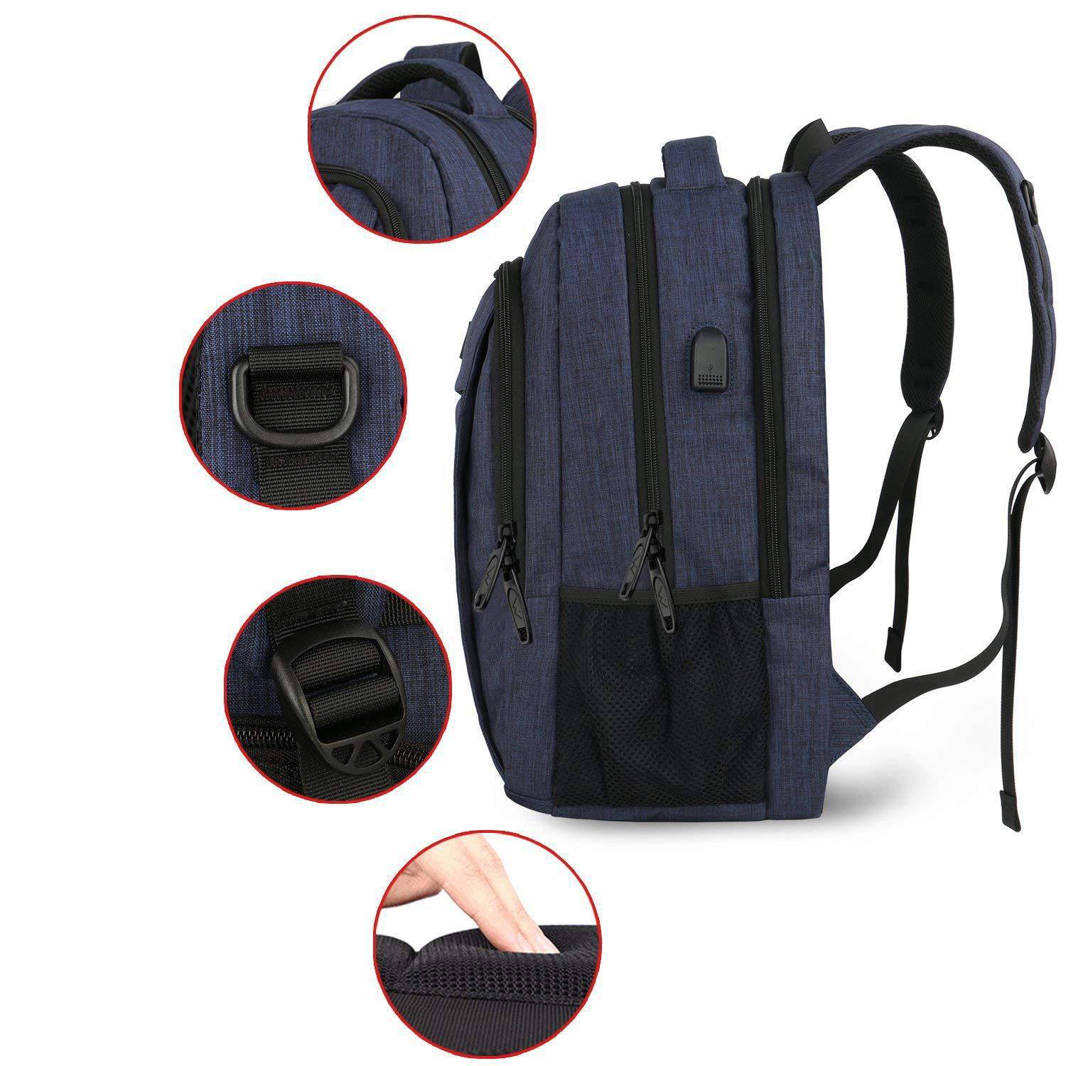 Marineblauer Rucksack mit Reißverschlussdetails, D-Ring und verstellbaren Trägern. Nahaufnahmen der Details.