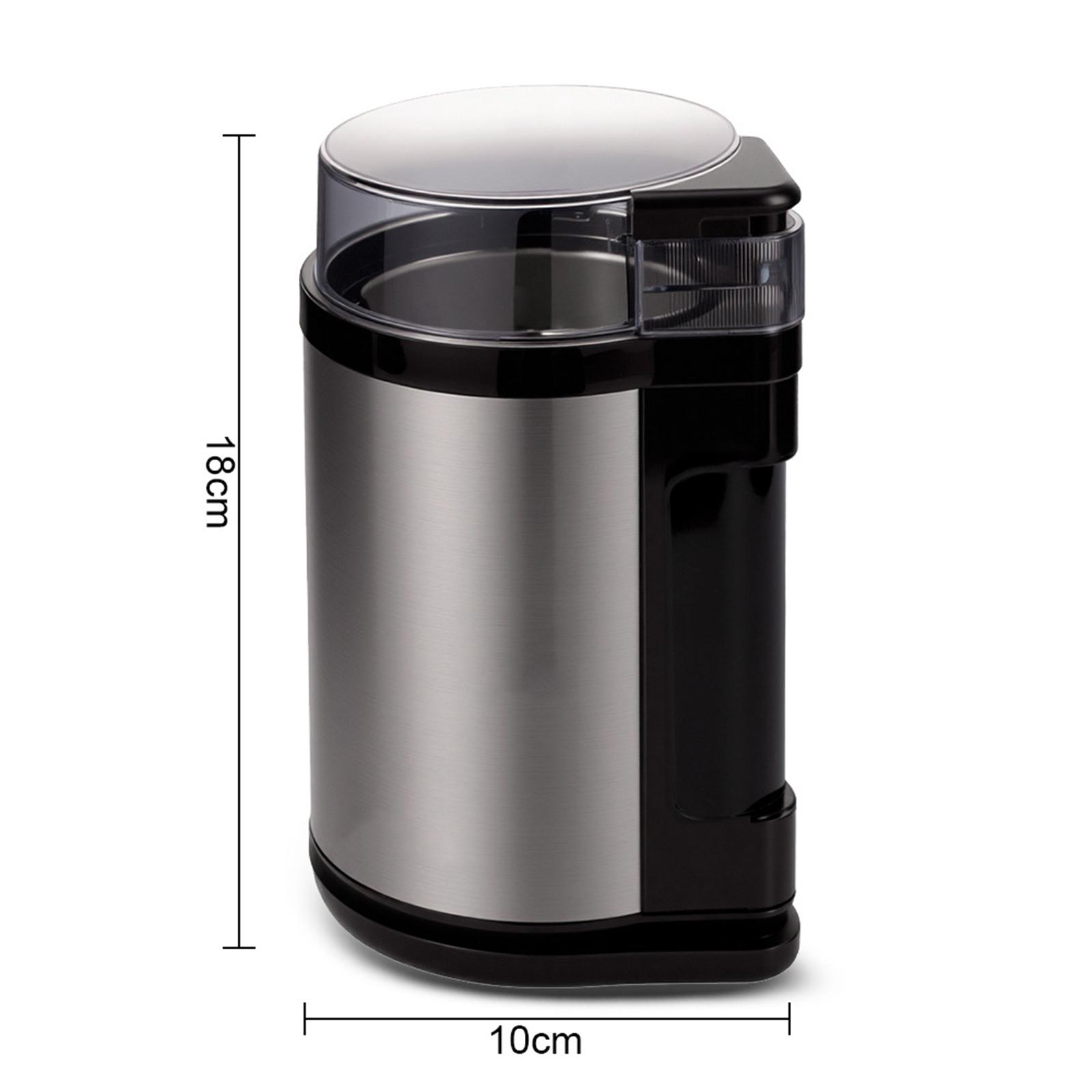 Metall-Kaffeemühle. Sie hat einen durchsichtigen Deckel und schwarze Akzente. Abmessungen sind angegeben.
