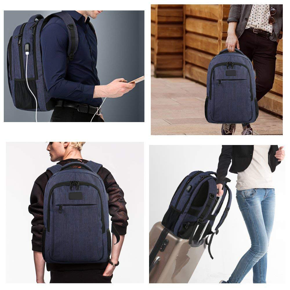 Vier Bilder, die einen marineblauen Rucksack in Gebrauch zeigen, getragen von verschiedenen Personen in verschiedenen Umgebungen.