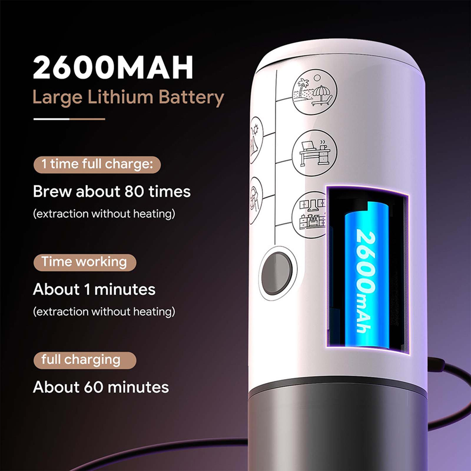 Kaffeemaschine mit Batterieinformationen: 2600mAh, brüht etwa 80 Mal, arbeitet 1 Minute lang und lädt 60 Minuten lang.