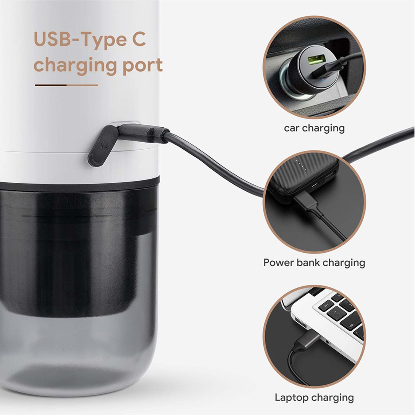 Kaffeemaschine mit USB-C-Ladeanschluss. Das Laden über Auto, Powerbank und Laptop wird gezeigt.