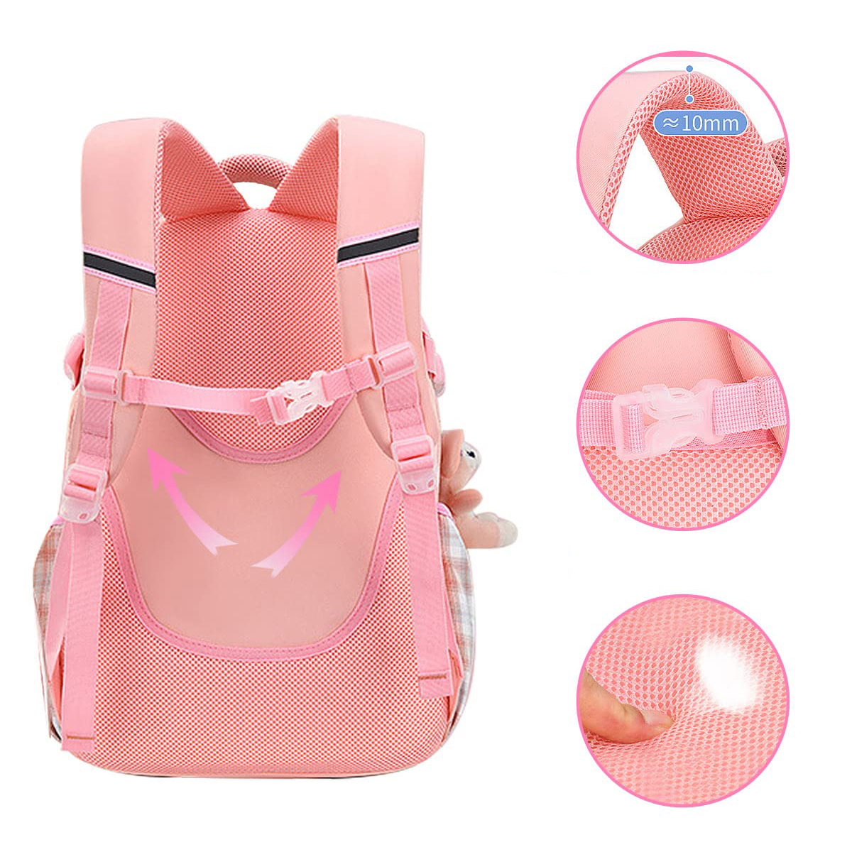 Rosa Rucksack. Details der Rückseite: Mesh, Riemen und Schnalle. Plüschtier eines Bären.
