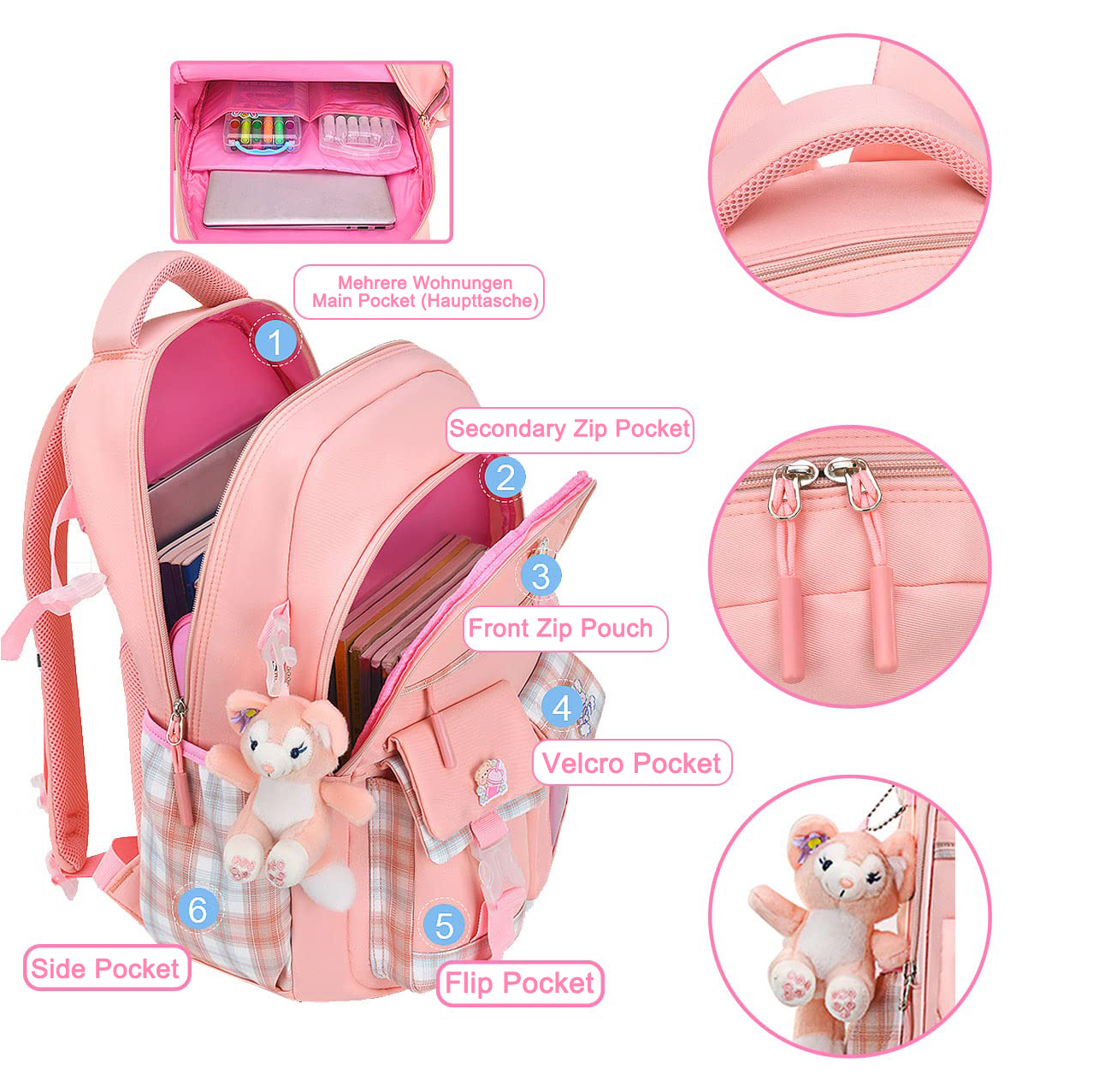 Rosa Rucksack mit mehreren Taschen und Details. Enthält ein Plüschtier, Reißverschlusstaschen und eine Klettverschluss.