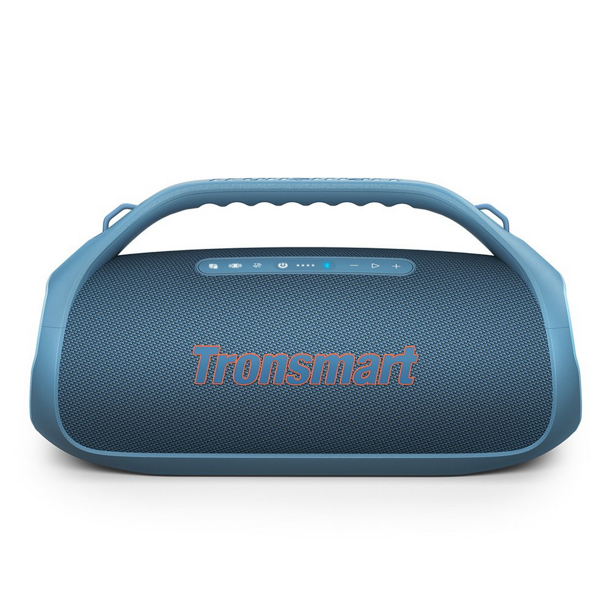 Blauer Tronsmart-Lautsprecher mit Griff. Hat Tasten für Lautstärke, Ein/Aus und Wiedergabe. Weißer Hintergrund.
