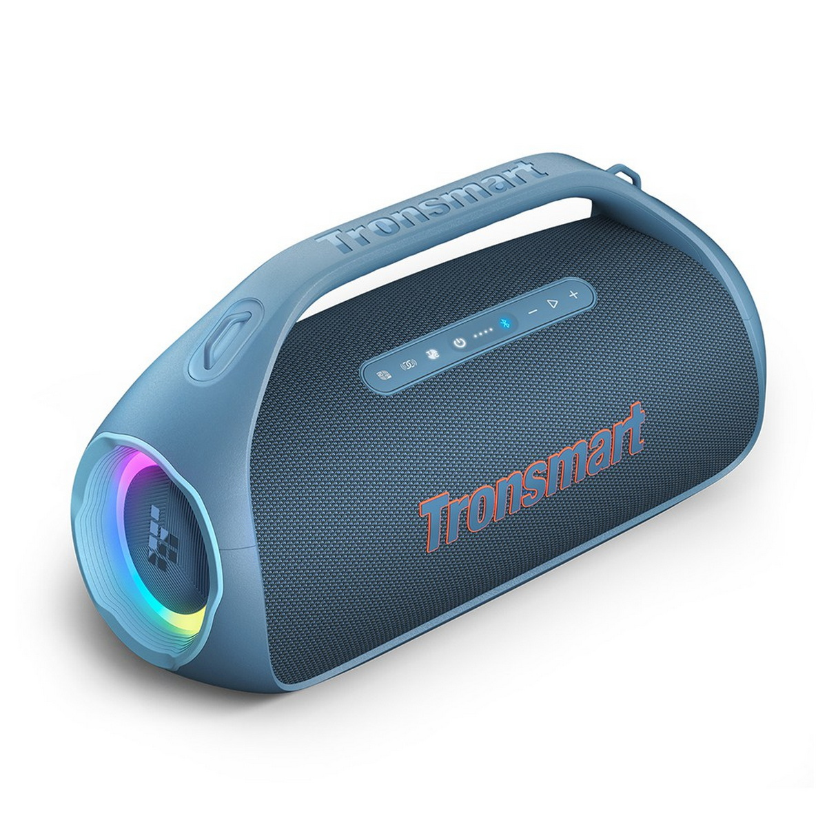 Blauer tragbarer Lautsprecher mit Tronsmart-Logo und Lichteffekt.