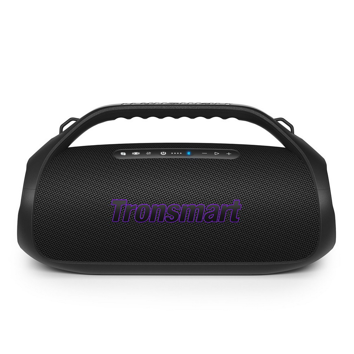 Schwarzer tragbarer Bluetooth-Lautsprecher mit Griff. Hat Bedienelemente oben und den Markennamen 'Tronsmart' in Lila.
