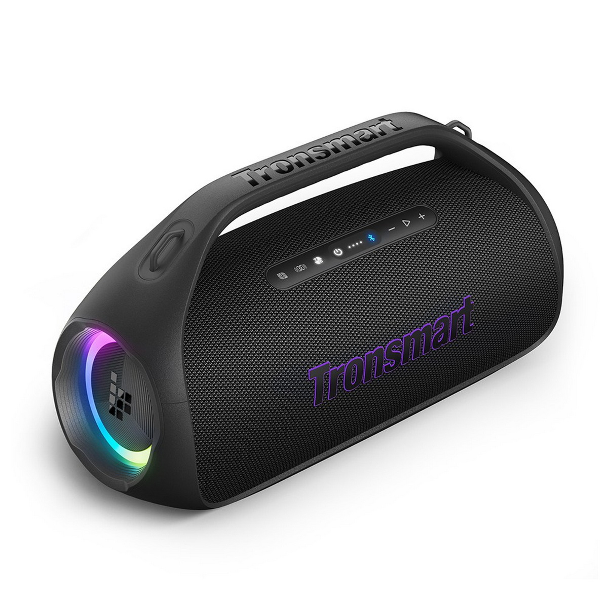 Ein schwarzer Tronsmart-Lautsprecher mit Griff und leuchtenden Seiten.