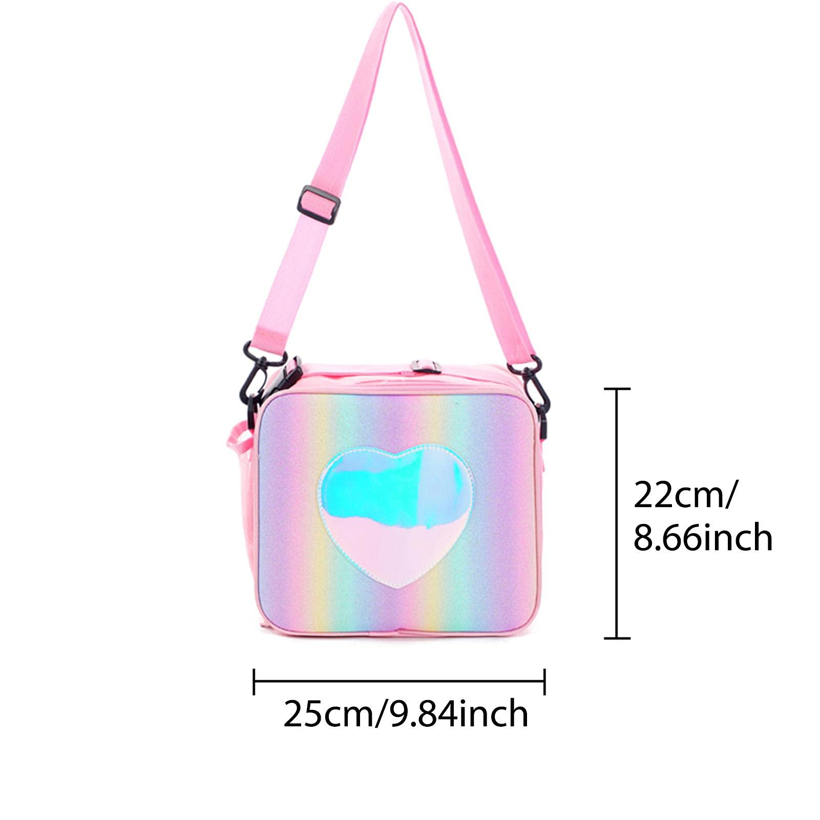 Rosa Lunchbeutel mit Herz. Enthält Messungen. Die Tasche hat einen Schultergurt.