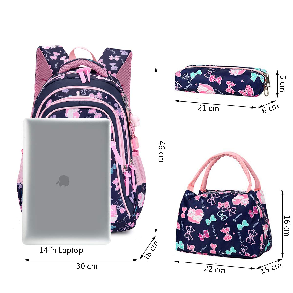 Rucksack, Lunch-Tasche und Federmäppchen. Der Rucksack hat einen Laptop. Abmessungen gezeigt.
